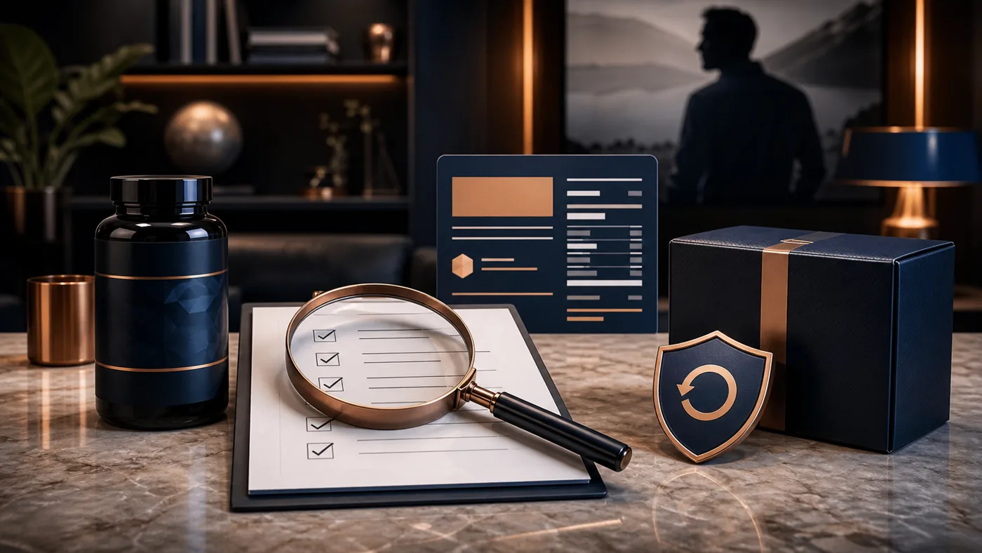 Premium supplement review desk with label, price, and refund verification notes