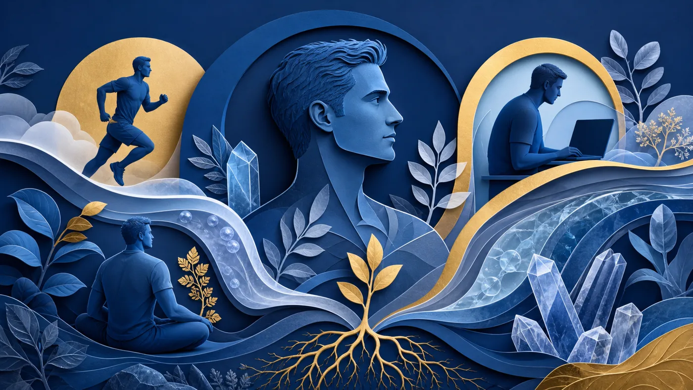 Abstract blue and gold pathways with botanical forms representing the advertiser’s circulation-oriented formula story