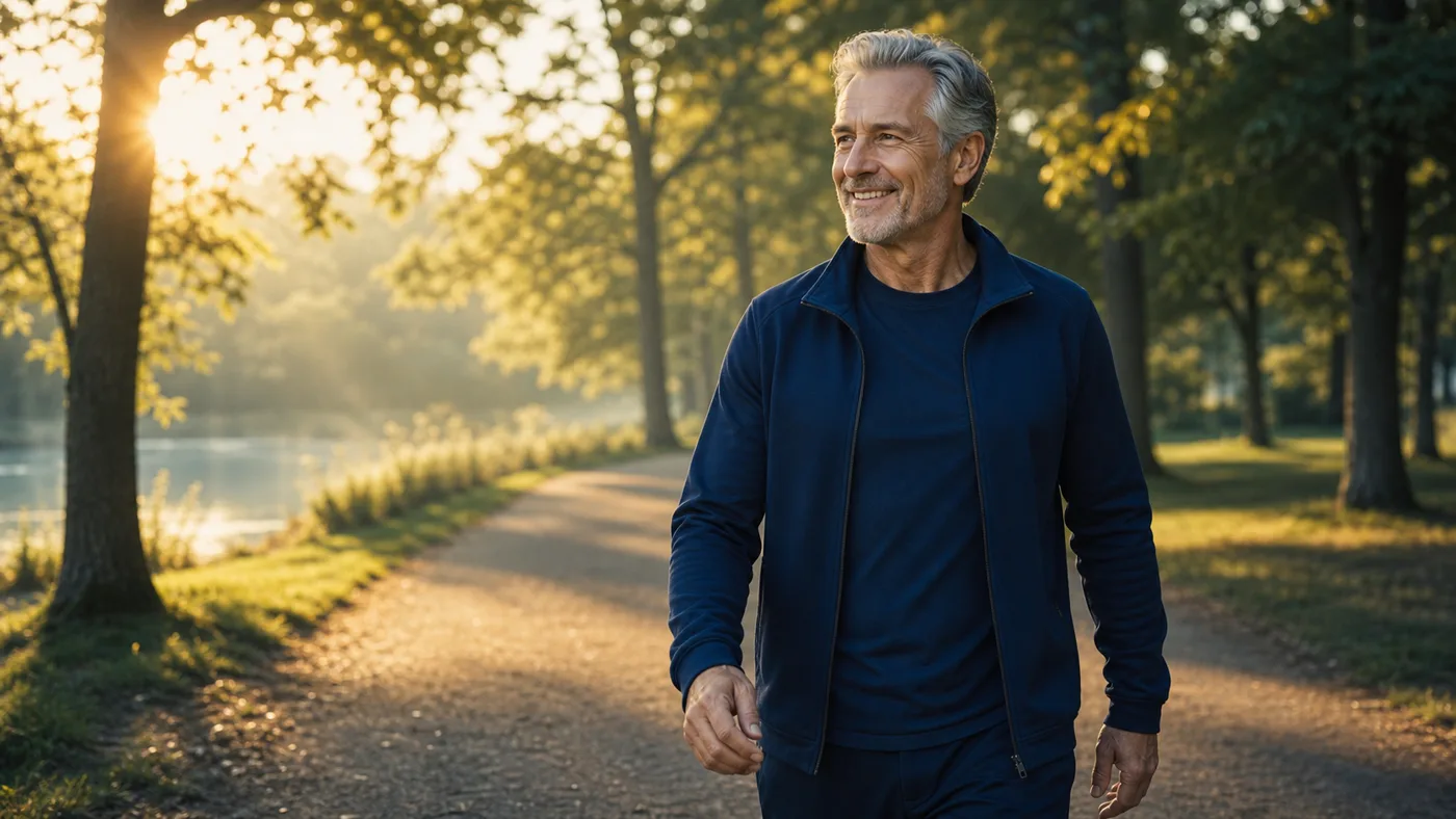 Active mature man taking a relaxed morning walk in a park as part of a grounded wellness routine