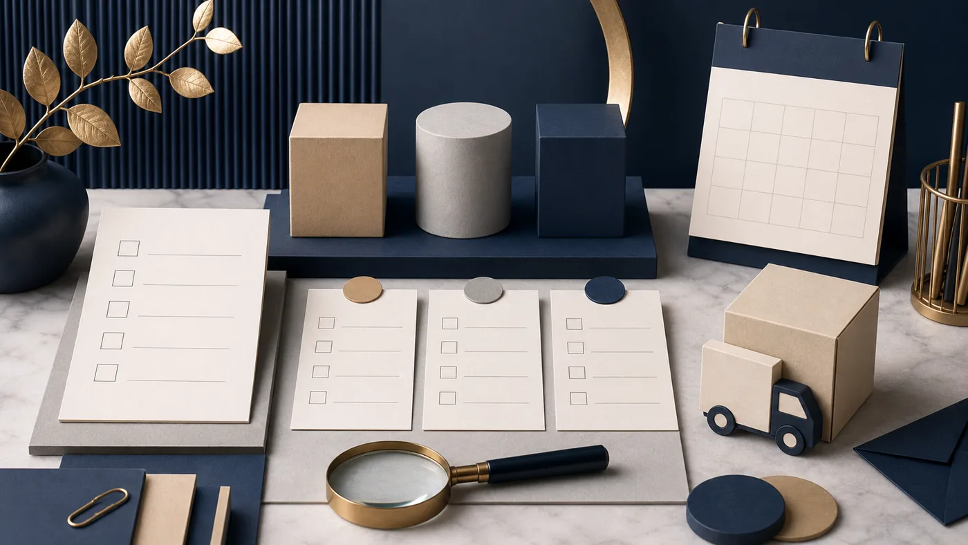 Blue and gold buyer decision desk with blank checklist cards, package-choice blocks, calendar, and delivery symbols