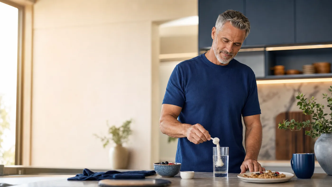 Mature man mixing an unbranded powder into water as part of a calm breakfast routine