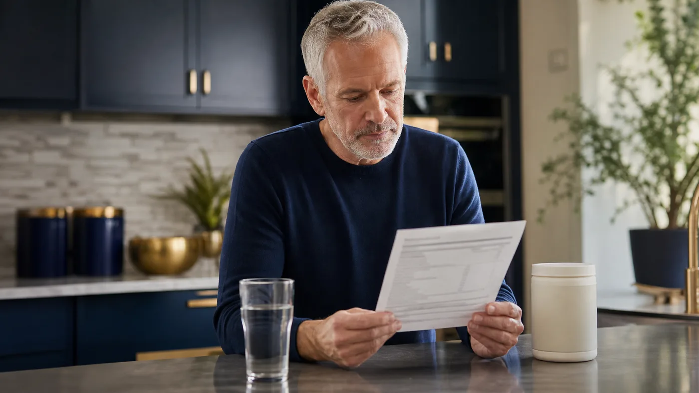 Mature man reviewing an unbranded supplement facts sheet beside water before starting a routine